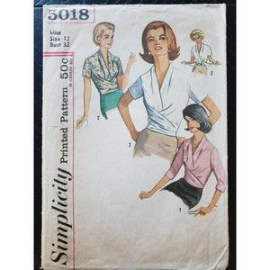 Simplicity 5018, Vintage 1960s, Women's blouse cross-front closing, V-neck